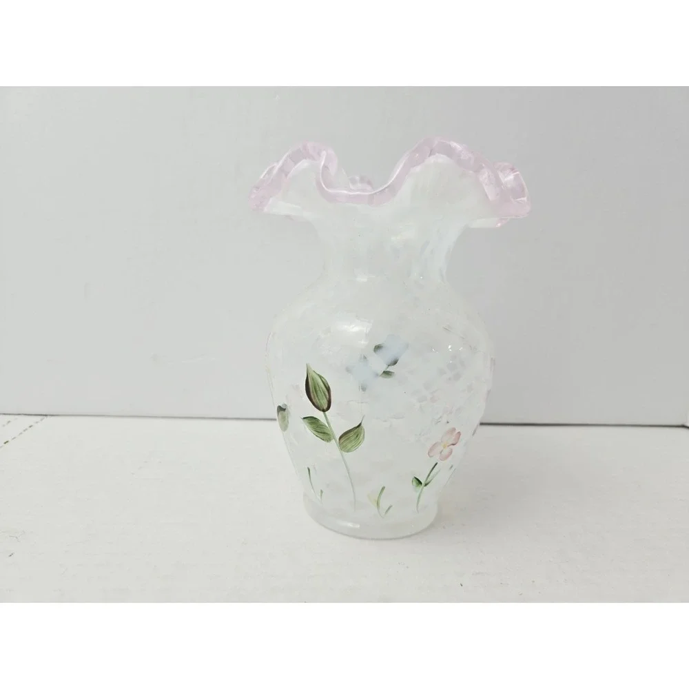 Fenton Glass vase painted flowers 5 3/4